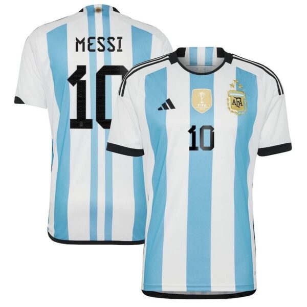 IN HAND WORLD CUP MESSI ARGENTINA NATIONAL TEAM ADIDAS 2022 WINNERS JERSEY